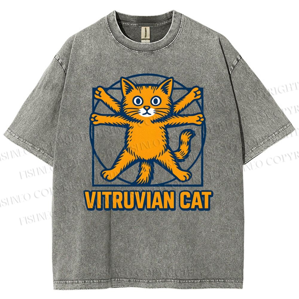 Unisex Vitruvian Cat Printed Washed Tee