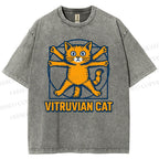 Unisex Vitruvian Cat Printed Washed Tee