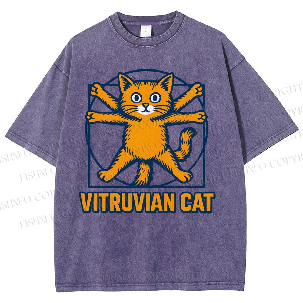 Unisex Vitruvian Cat Printed Washed Tee