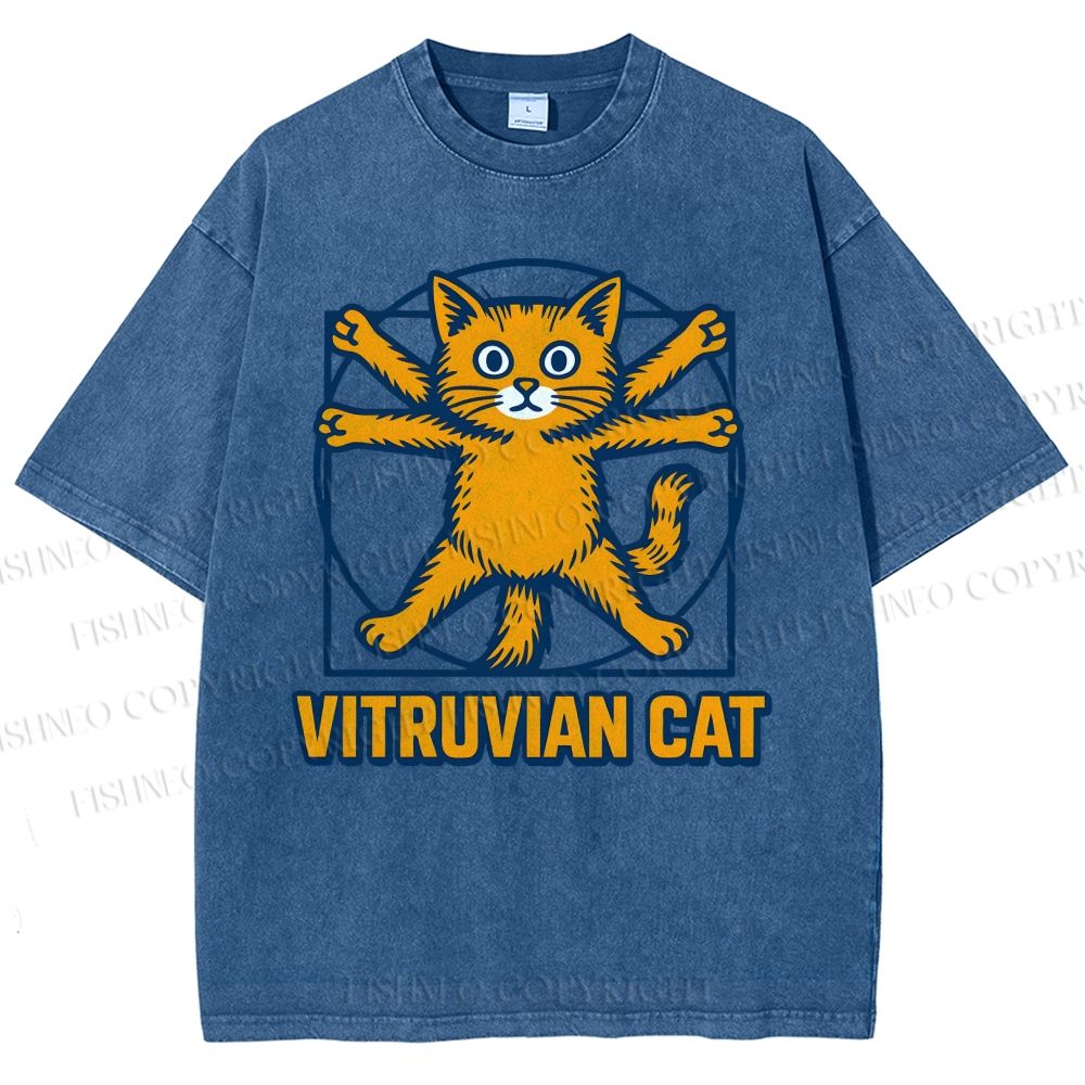 Unisex Vitruvian Cat Printed Washed Tee