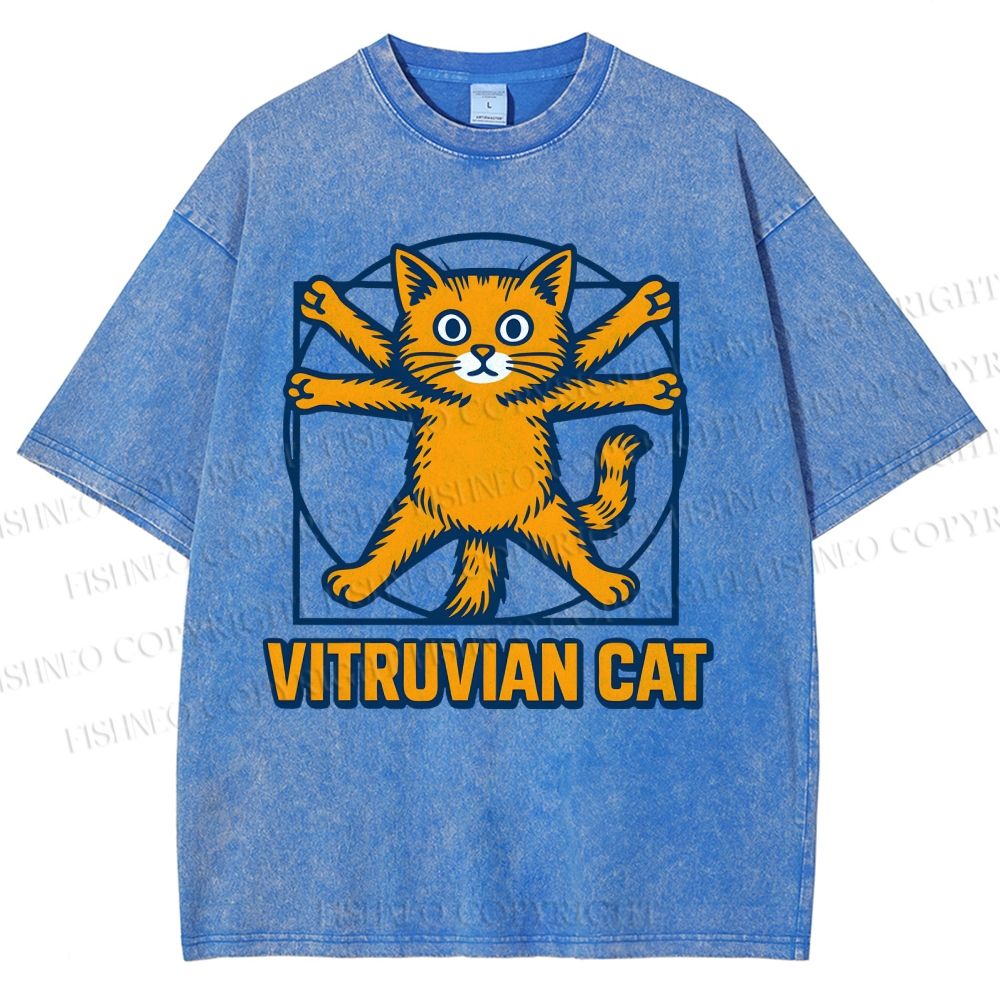 Unisex Vitruvian Cat Printed Washed Tee