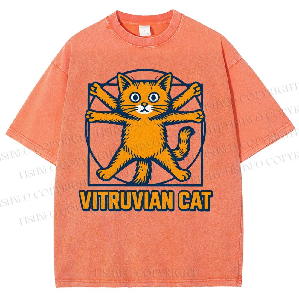 Unisex Vitruvian Cat Printed Washed Tee