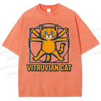Unisex Vitruvian Cat Printed Washed Tee