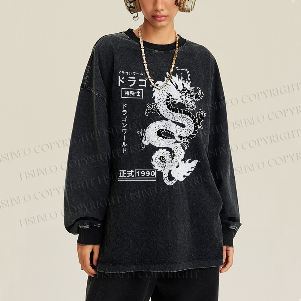 Unisex Casual Washed Dragon Printed Long Sleeve T-shirt