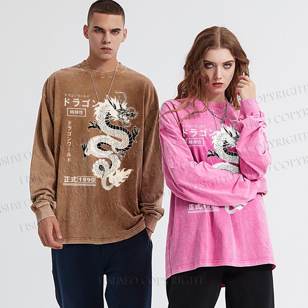 Unisex Casual Washed Dragon Printed Long Sleeve T-shirt