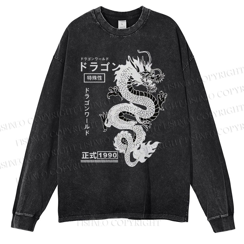 Unisex Casual Washed Dragon Printed Long Sleeve T-shirt