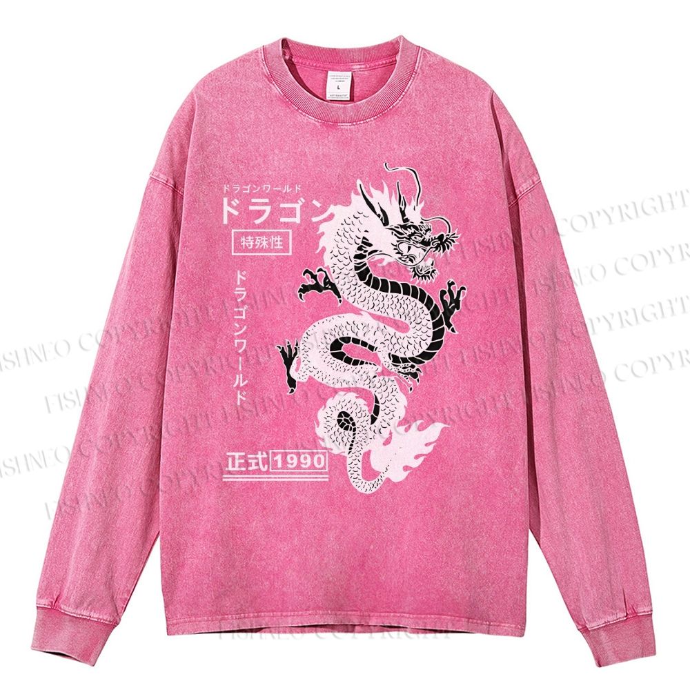Unisex Casual Washed Dragon Printed Long Sleeve T-shirt