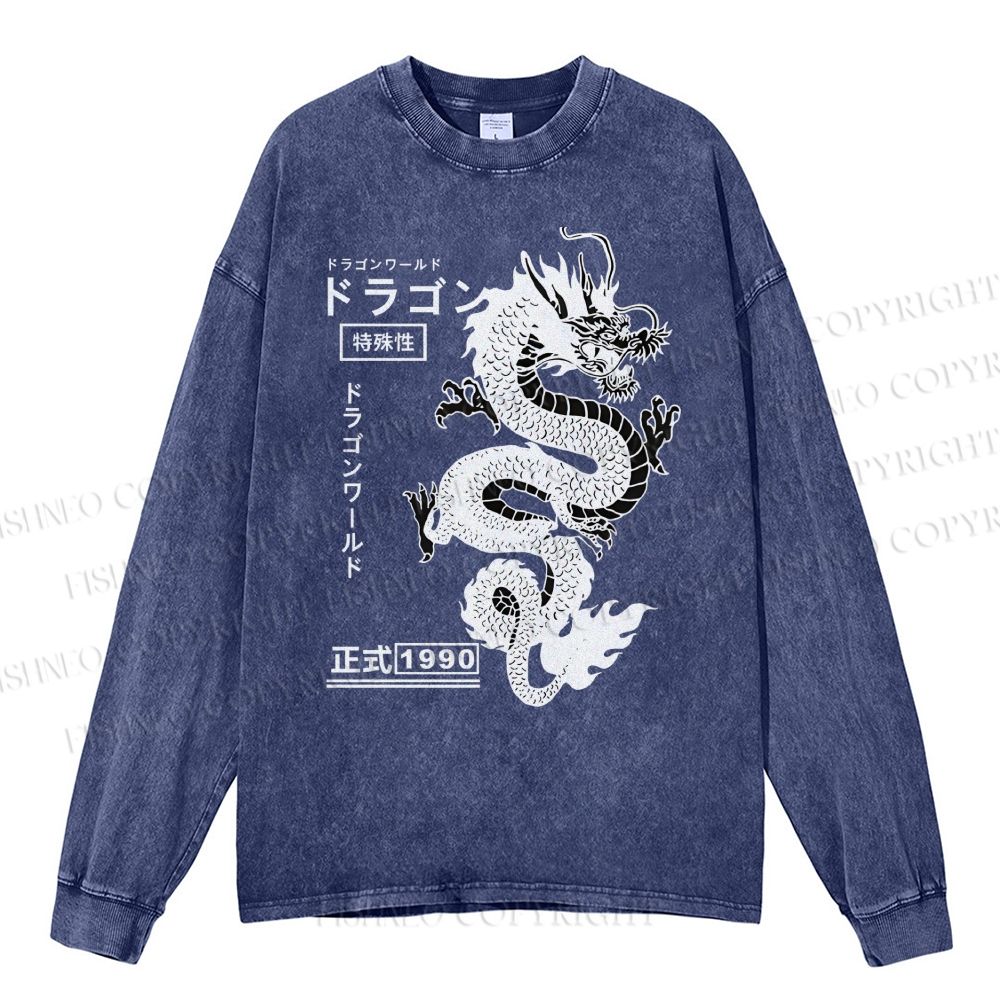 Unisex Casual Washed Dragon Printed Long Sleeve T-shirt
