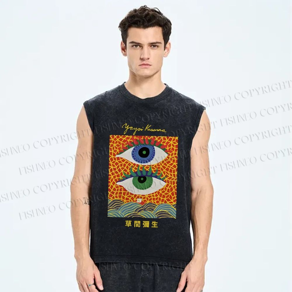 Unisex Yayoi Kusama Abstract Eye Art Vintage Printed Washed Tank Top