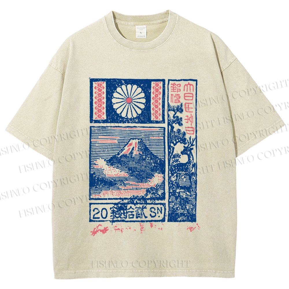 Unisex Japanese Art Mount Fuji Printed Washed Tee