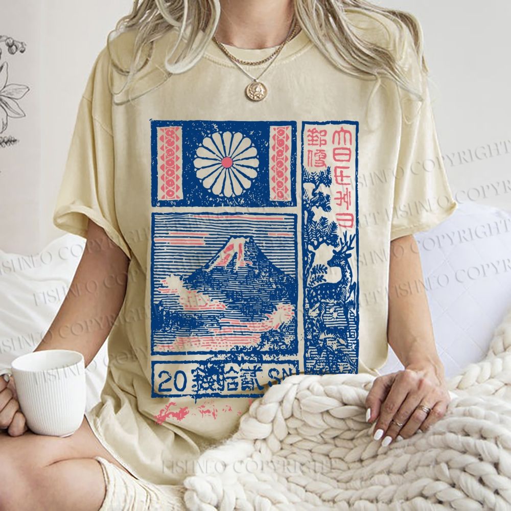 Unisex Japanese Art Mount Fuji Printed Washed Tee