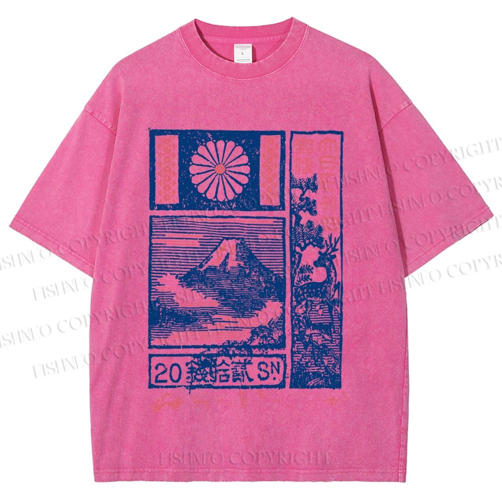 Unisex Japanese Art Mount Fuji Printed Washed Tee