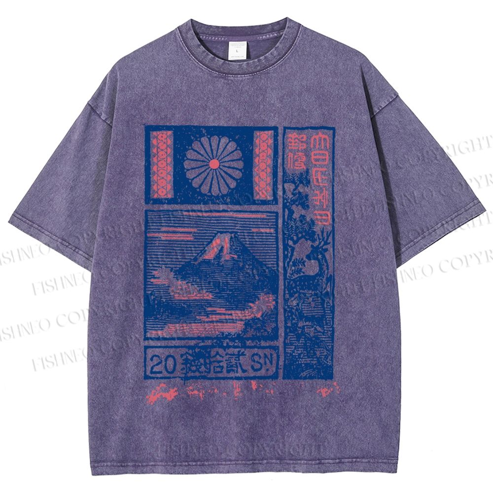 Unisex Japanese Art Mount Fuji Printed Washed Tee