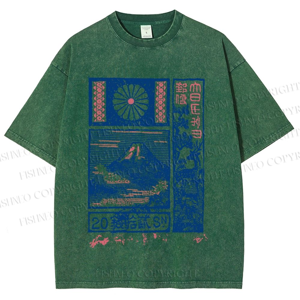 Unisex Japanese Art Mount Fuji Printed Washed Tee