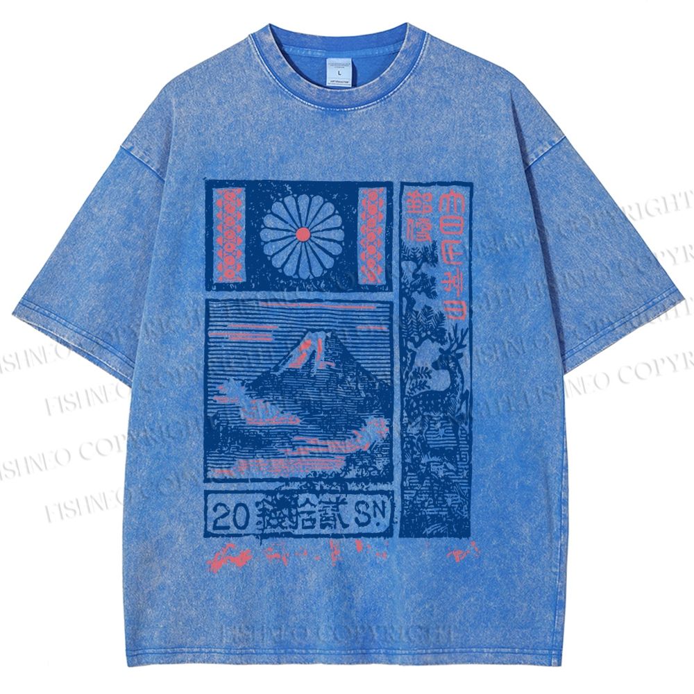 Unisex Japanese Art Mount Fuji Printed Washed Tee