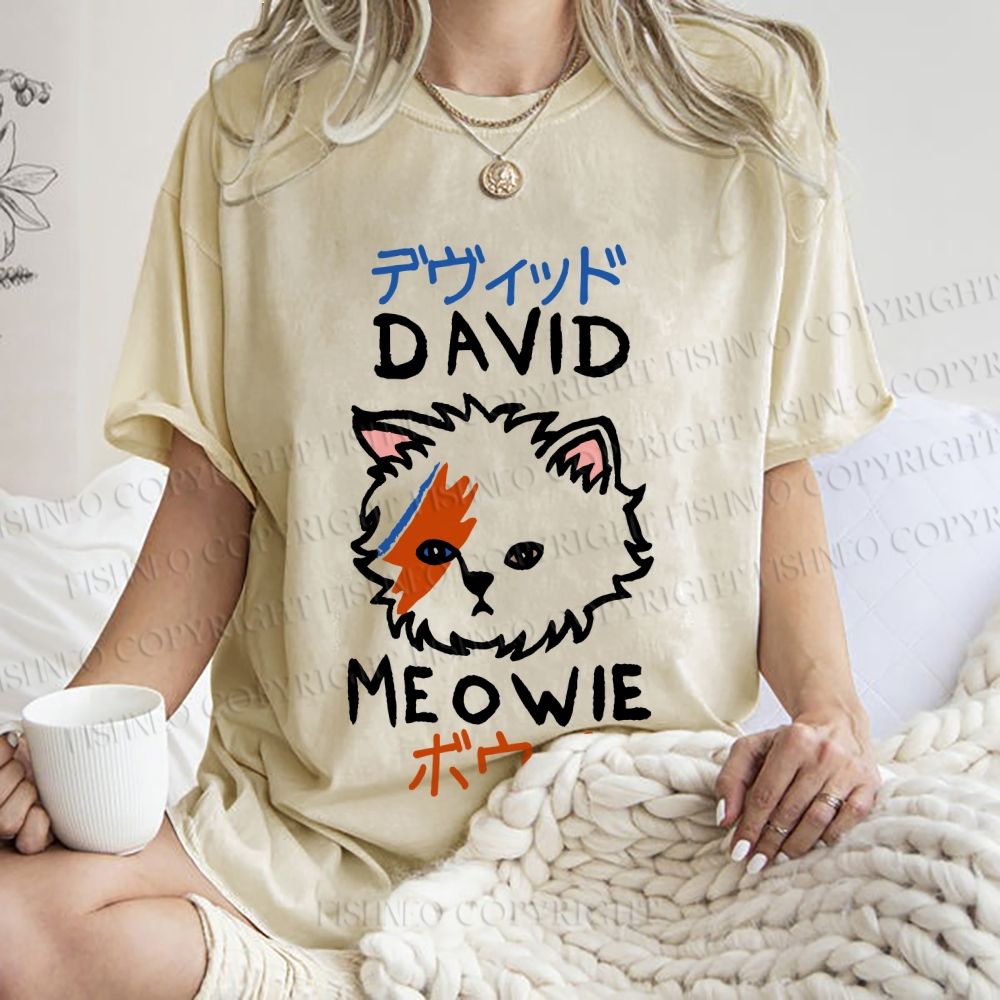 Unisex David Bowie Cat Printed Washed Tee
