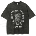 Unisex Good Things Take Time Tiger Vintage Printed Washed Tee