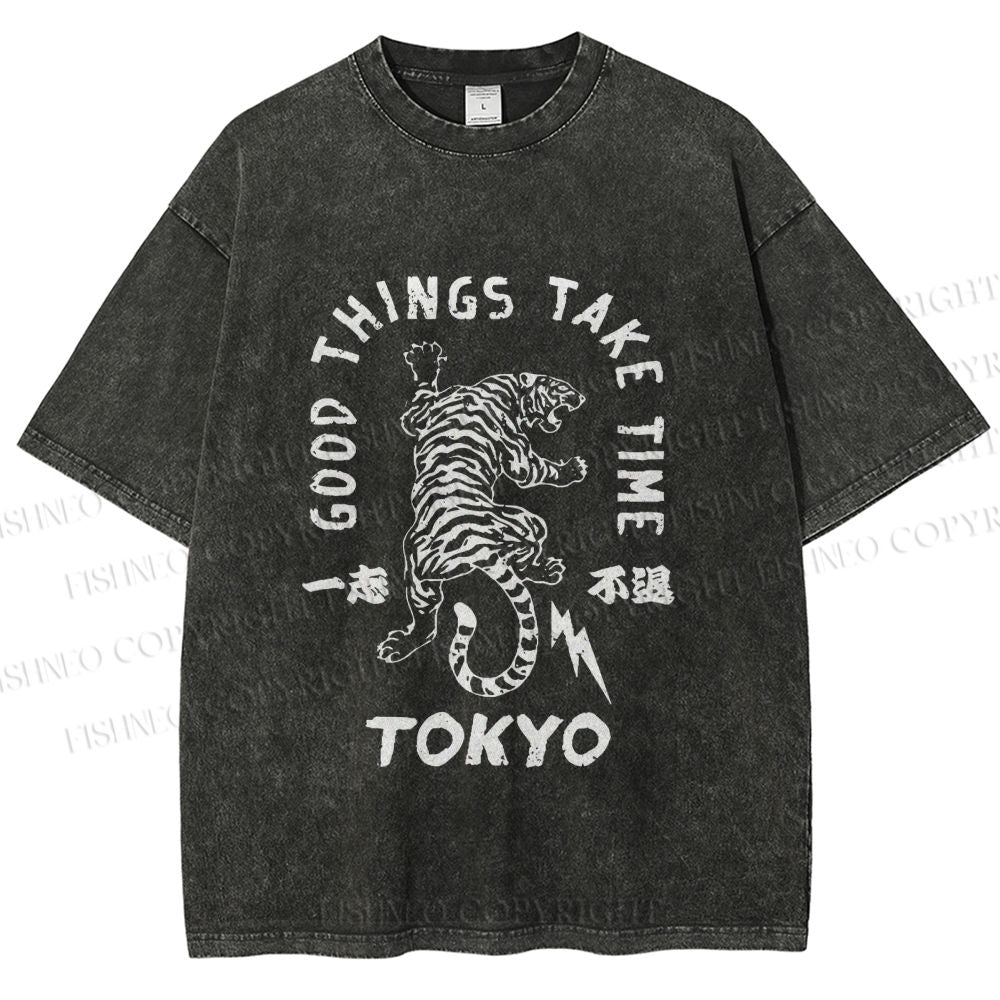 Unisex Good Things Take Time Tiger Vintage Printed Washed Tee
