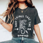 Unisex Good Things Take Time Tiger Vintage Printed Washed Tee