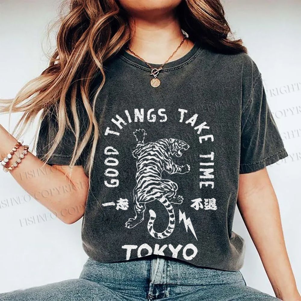 Unisex Good Things Take Time Tiger Vintage Printed Washed Tee