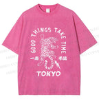 Unisex Good Things Take Time Tiger Vintage Printed Washed Tee