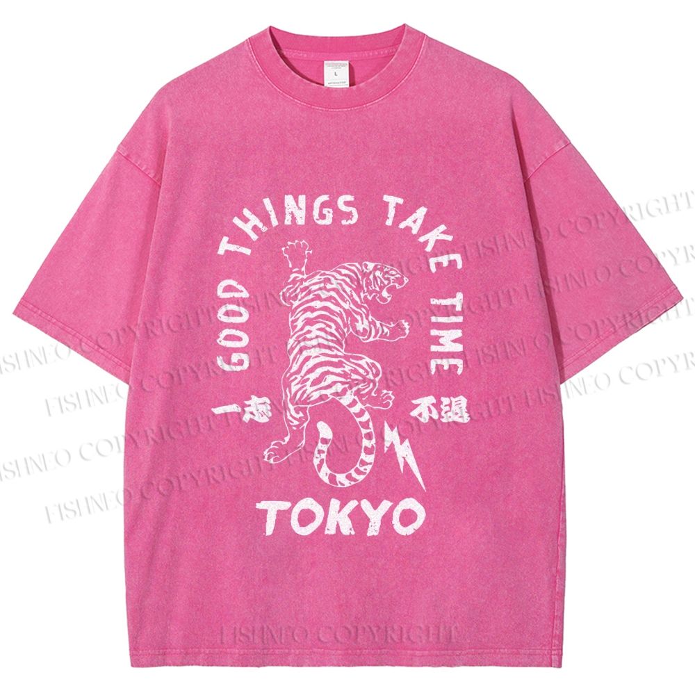 Unisex Good Things Take Time Tiger Vintage Printed Washed Tee
