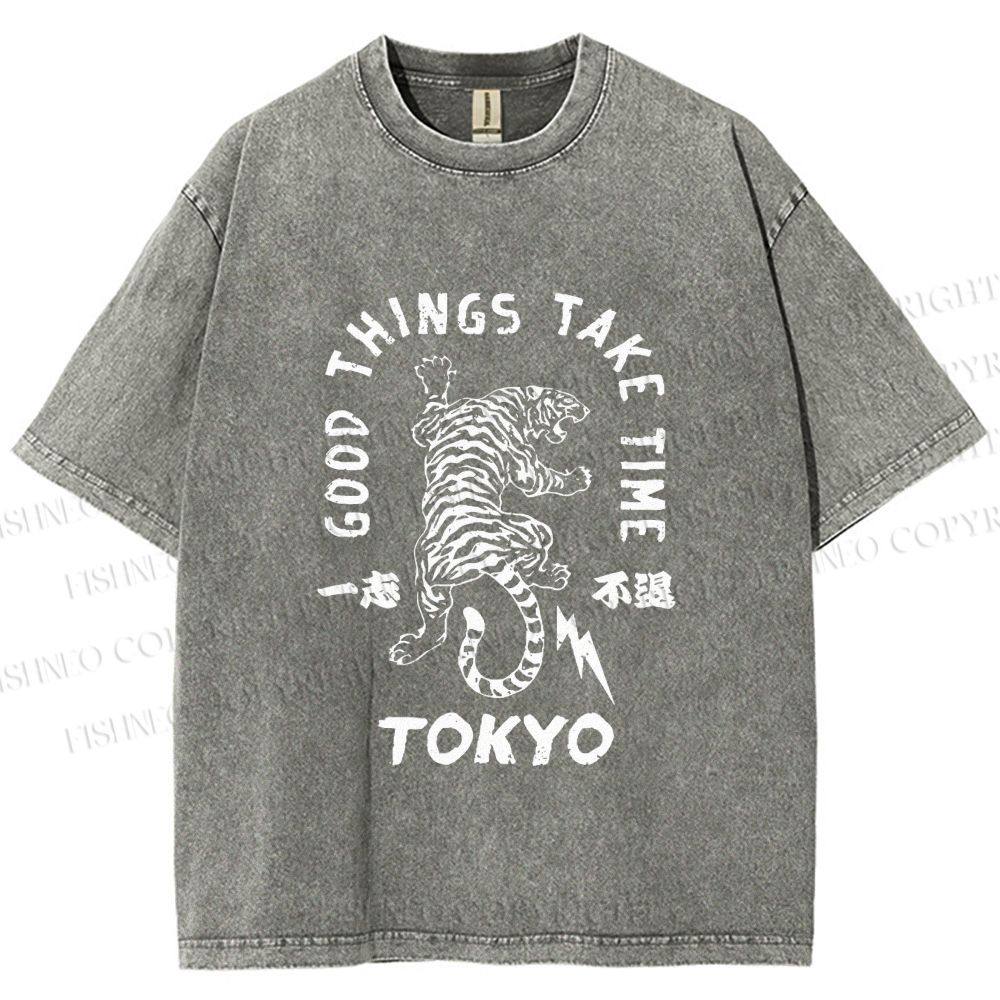 Unisex Good Things Take Time Tiger Vintage Printed Washed Tee