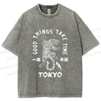 Unisex Good Things Take Time Tiger Vintage Printed Washed Tee