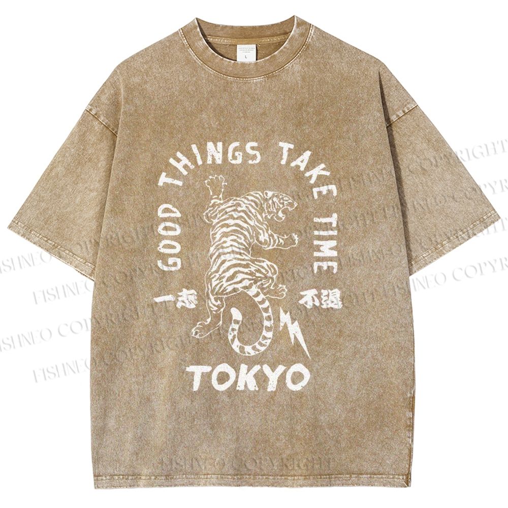 Unisex Good Things Take Time Tiger Vintage Printed Washed Tee