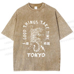 Unisex Good Things Take Time Tiger Vintage Printed Washed Tee