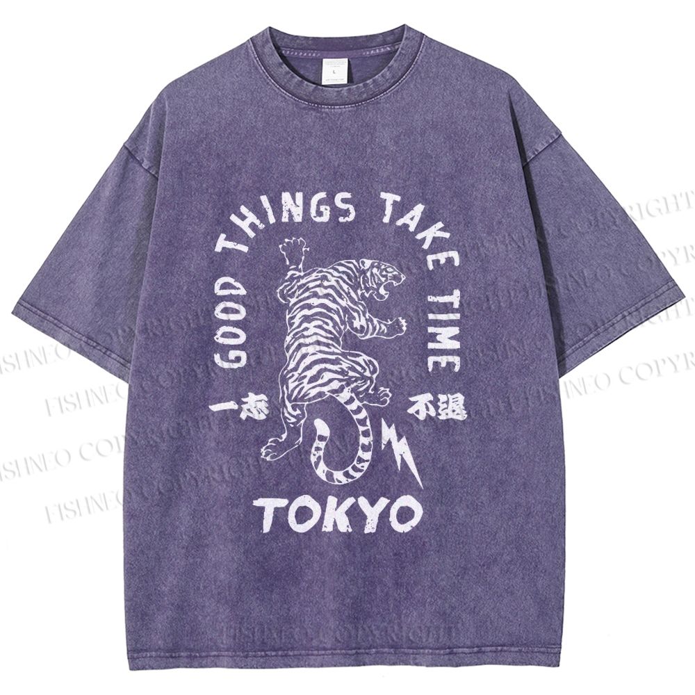 Unisex Good Things Take Time Tiger Vintage Printed Washed Tee
