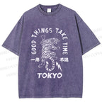 Unisex Good Things Take Time Tiger Vintage Printed Washed Tee