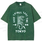 Unisex Good Things Take Time Tiger Vintage Printed Washed Tee