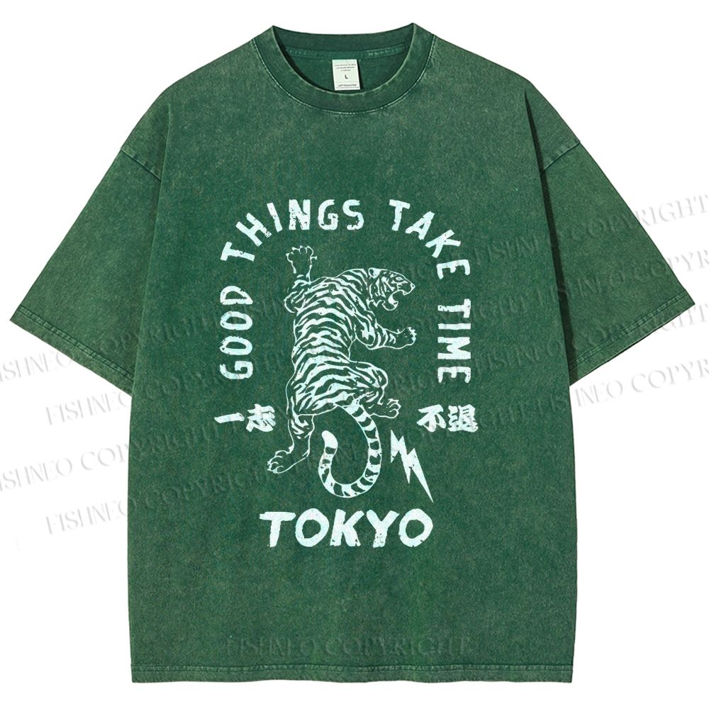 Unisex Good Things Take Time Tiger Vintage Printed Washed Tee