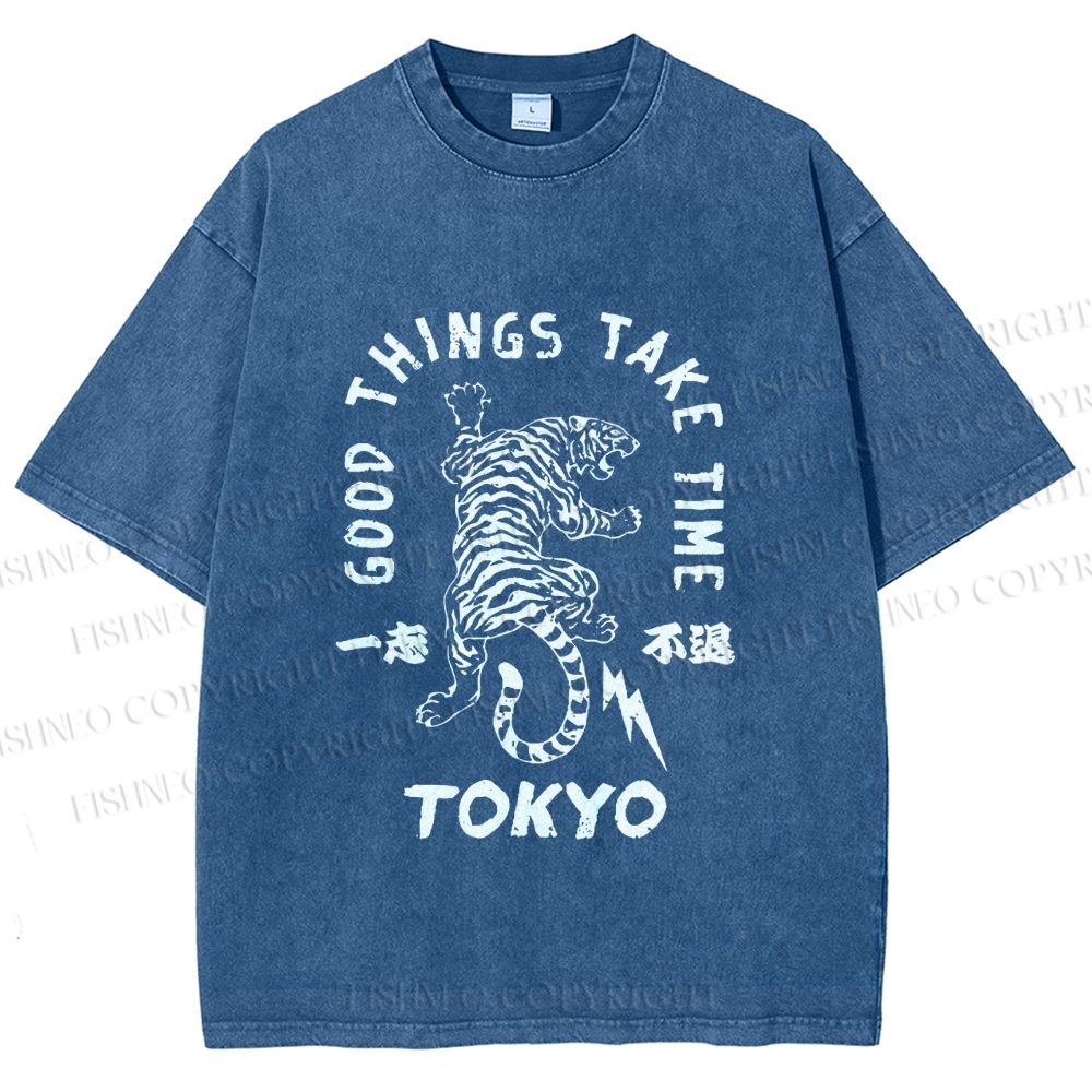 Unisex Good Things Take Time Tiger Vintage Printed Washed Tee