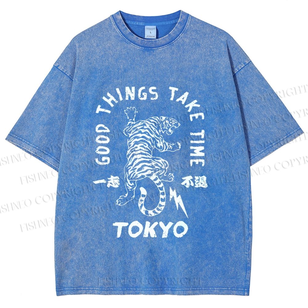 Unisex Good Things Take Time Tiger Vintage Printed Washed Tee