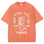 Unisex Good Things Take Time Tiger Vintage Printed Washed Tee