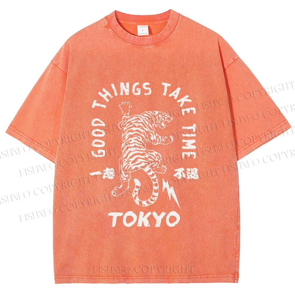 Unisex Good Things Take Time Tiger Vintage Printed Washed Tee