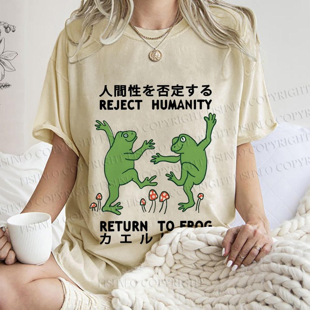 Unisex Funny Frog Reject Humanity Return To Frog Printed Washed Tee