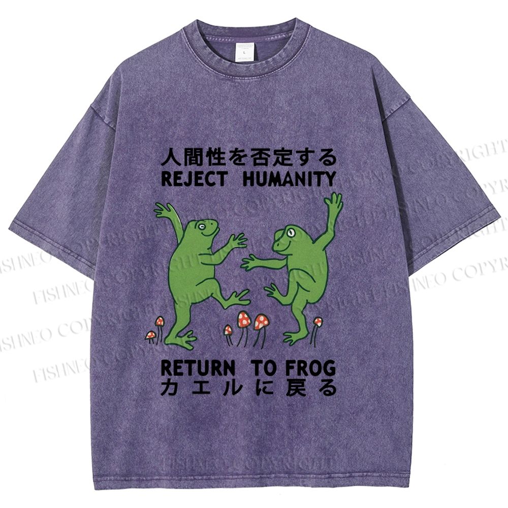Unisex Funny Frog Reject Humanity Return To Frog Printed Washed Tee