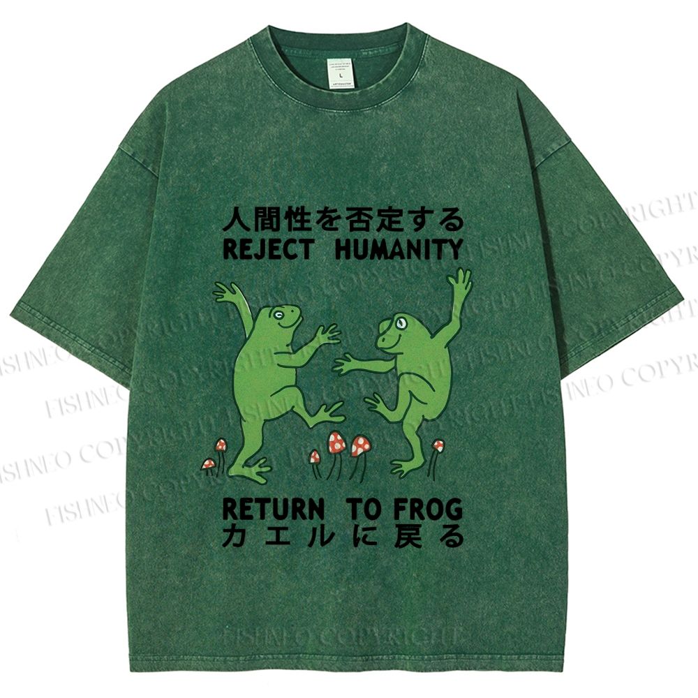 Unisex Funny Frog Reject Humanity Return To Frog Printed Washed Tee