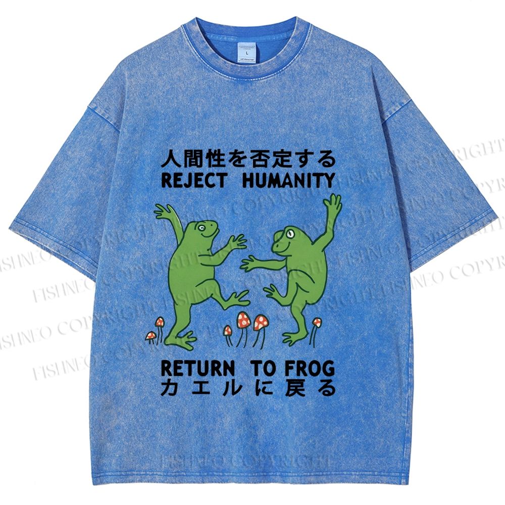Unisex Funny Frog Reject Humanity Return To Frog Printed Washed Tee