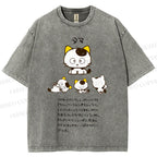 Unisex Cartoon Tama Cat Printed Washed Tee