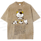 Unisex Cartoon Tama Cat Printed Washed Tee