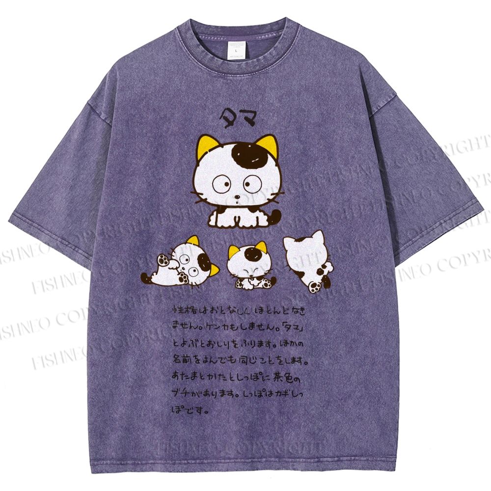 Unisex Cartoon Tama Cat Printed Washed Tee