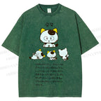 Unisex Cartoon Tama Cat Printed Washed Tee