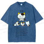 Unisex Cartoon Tama Cat Printed Washed Tee