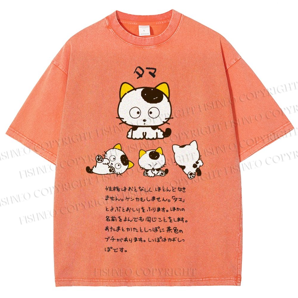 Unisex Cartoon Tama Cat Printed Washed Tee