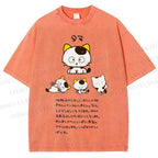 Unisex Cartoon Tama Cat Printed Washed Tee