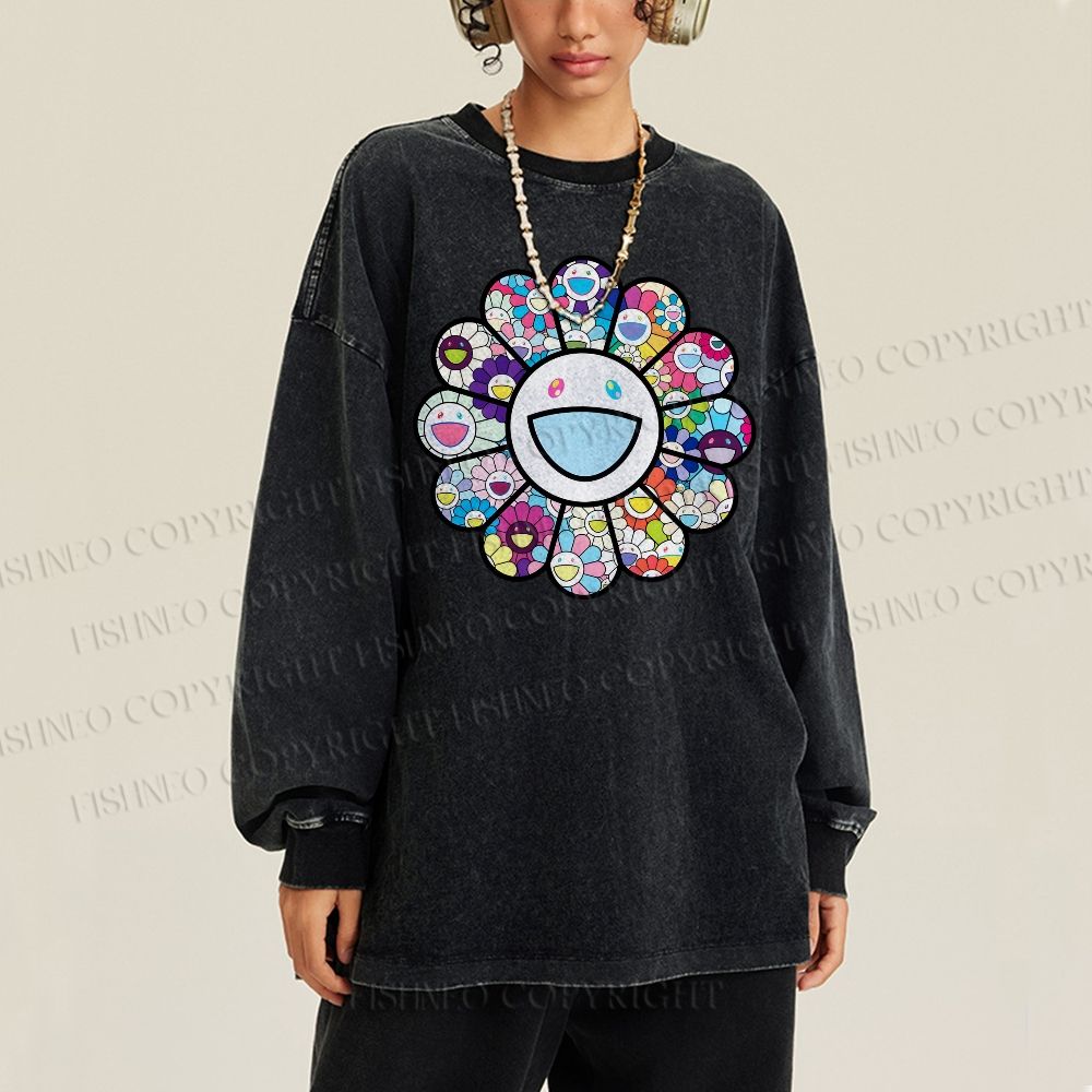 Unisex Casual Washed Smiley Happy Flower Printed Long Sleeve T-shirt